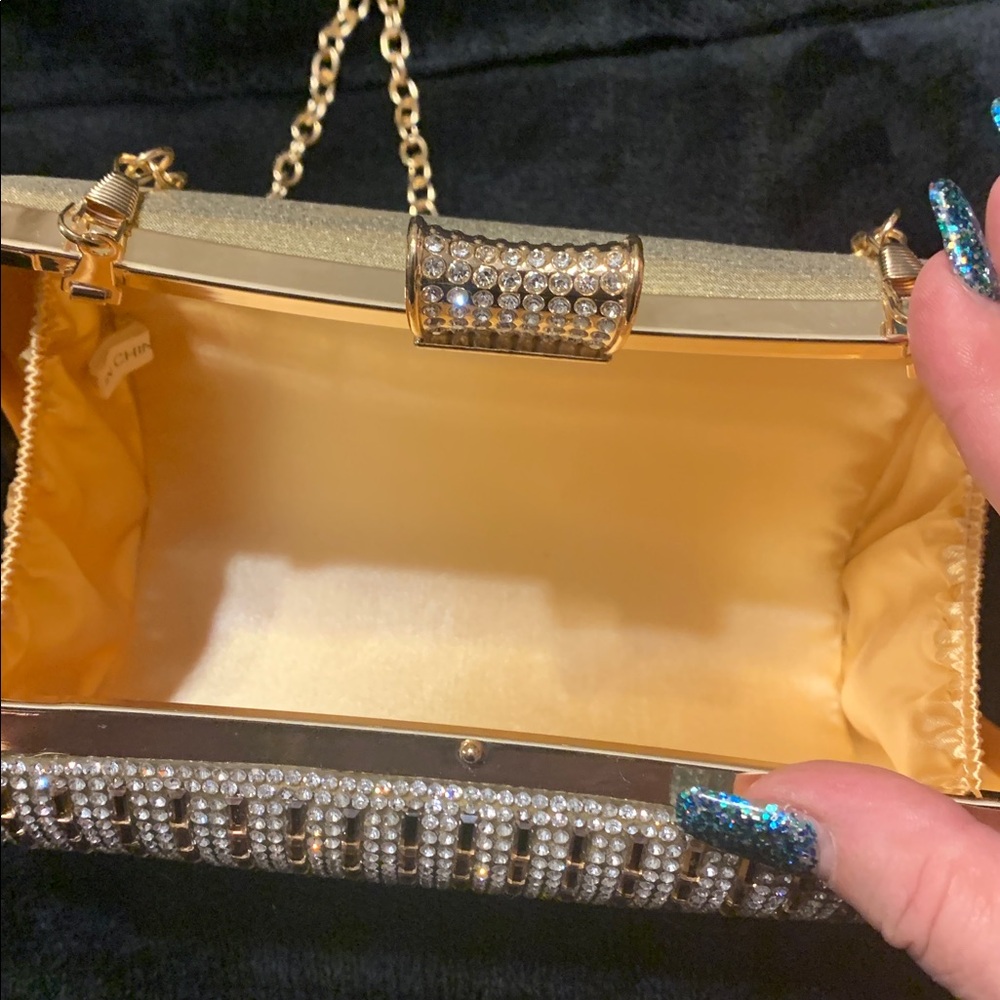 New Gold Rhinestone Clutch with Chain - Picture 6 of 6